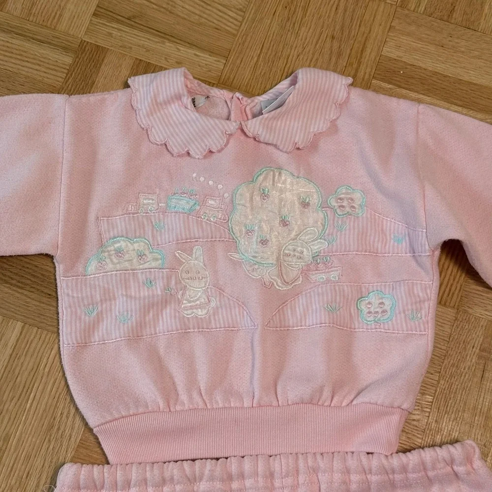 Vintage Crackerjack Pink Fleece Sweatshirt Pants Set 24M Bunny Train Embroidered - Picture 2 of 10